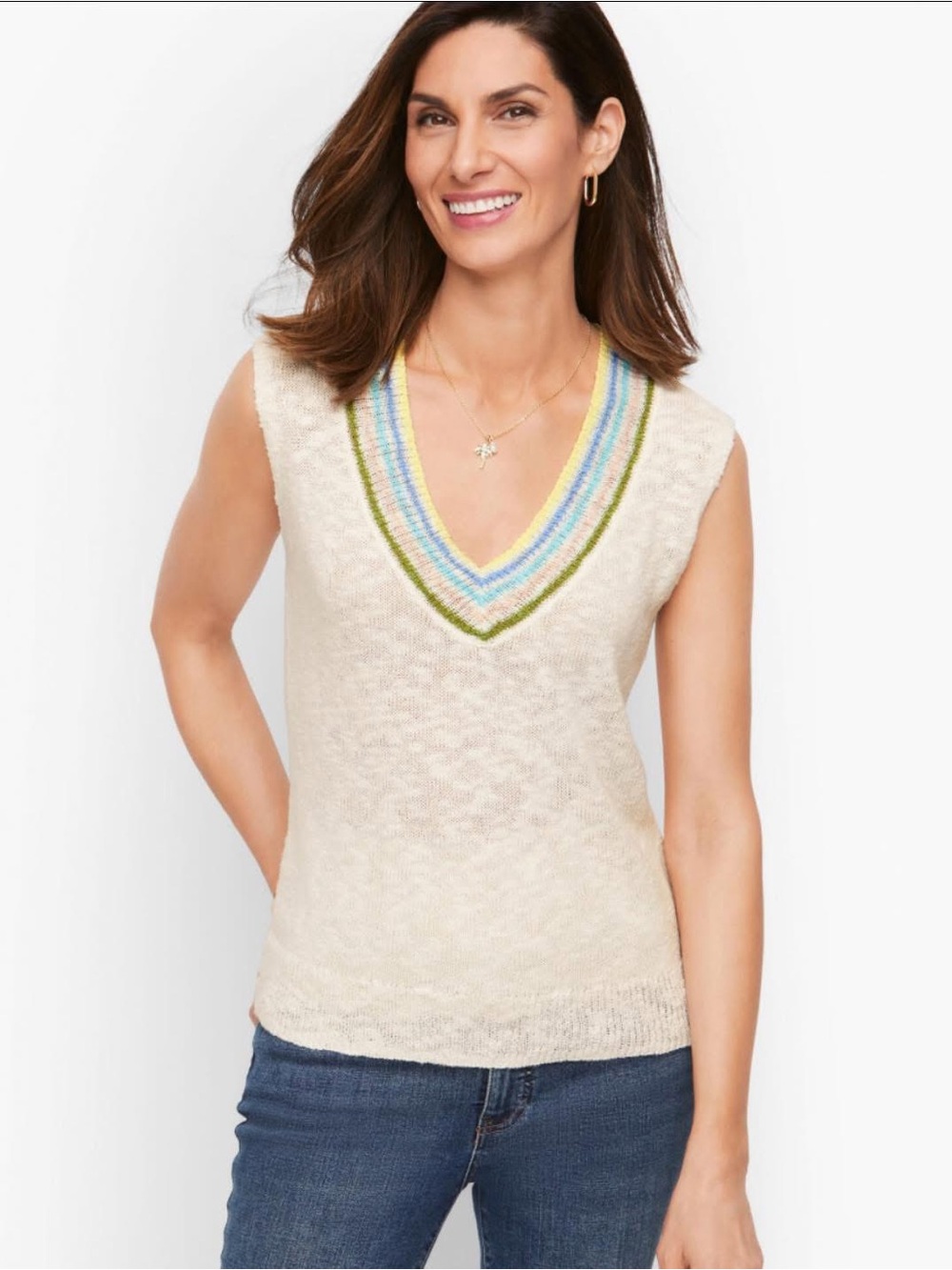 Talbots Cream Knit Sleeveless Sweater with Pastel Stripe Trim